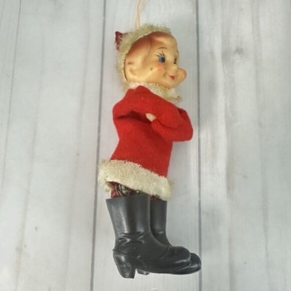 Vintage Felt Rubber Face Pixie Elf Christmas Ornament Japan Red White Boots 5" - Picture 3 of 6
